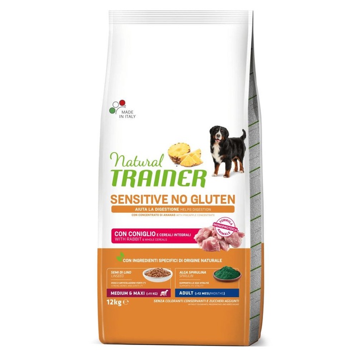 Суха храна за кучета Natural Trainer Dog Sensitive Gluten Free Medium-Maxi Adult Rabbit, 12 кг