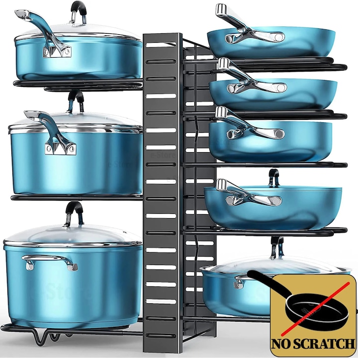 Регулируема опора за 9 тигана, тенджери, капаци, вертикална/хоризонтална, метална, гумена защита, 8 сепаратора, черна, Callena