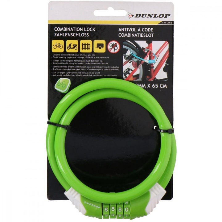 Dunlop Spirális kerékpárzár 10mmx65cm kombinációval zöld