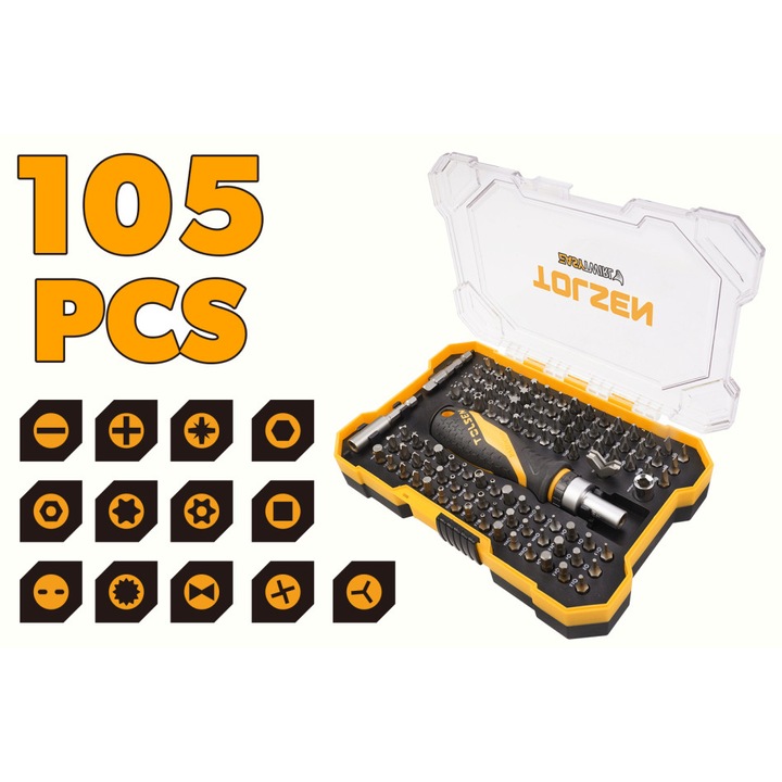 Set surubelnita cu clichet TOLSEN 105 piese, Cr-V, 72 dinti, maner 2 componente, biti PH, PZ, Torx, Hex, Tri, Square, M, C, Y, adaptor soclu si suport biti, carcasa plastic antiderapanta