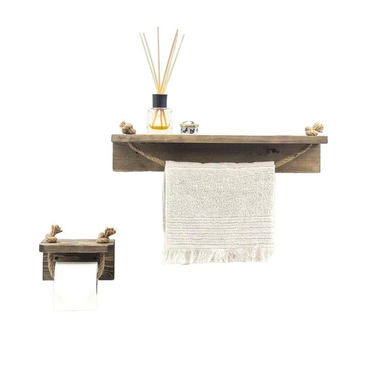 Suport de hartie igienica + raft perete, Asir, Lemn, Maro, 10,5x17cm/10x50cm