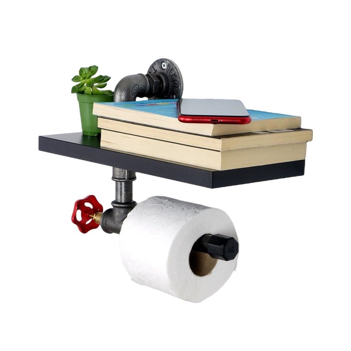Поставка за тоалетна хартия с рафт, Asir, Метал/Дърво, Черна, 14x30см