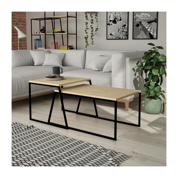 Set 2 buc masuta de cafea, Asir, 38 x 88 x 50cm, Bej/Negru