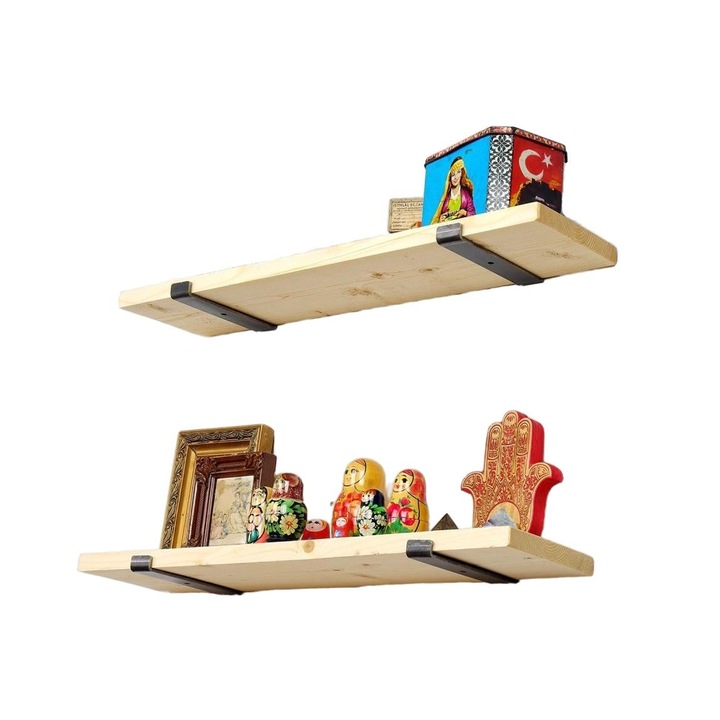 Комплект 2 стенни рафта Asir, Дърво/Метал, 16x60см, Кафяв/Черен