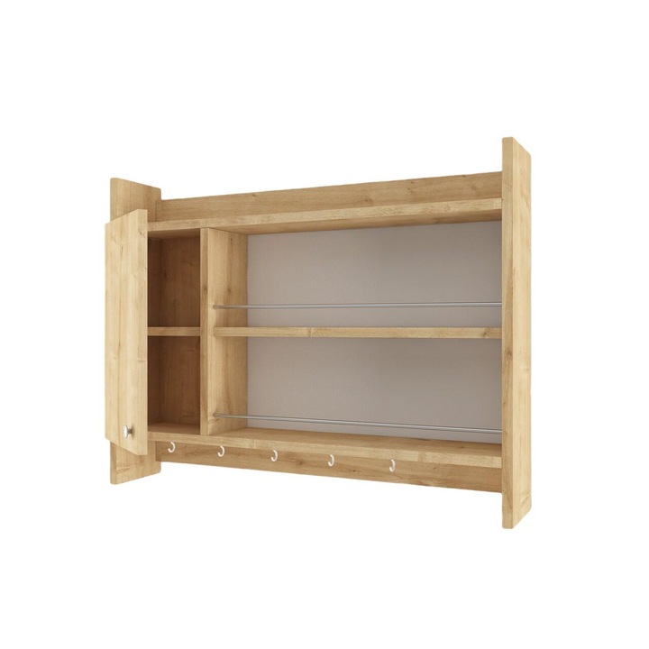 Стенен рафт за кухня, Асир, Дърво/Метал, 65x85 см, Бежов