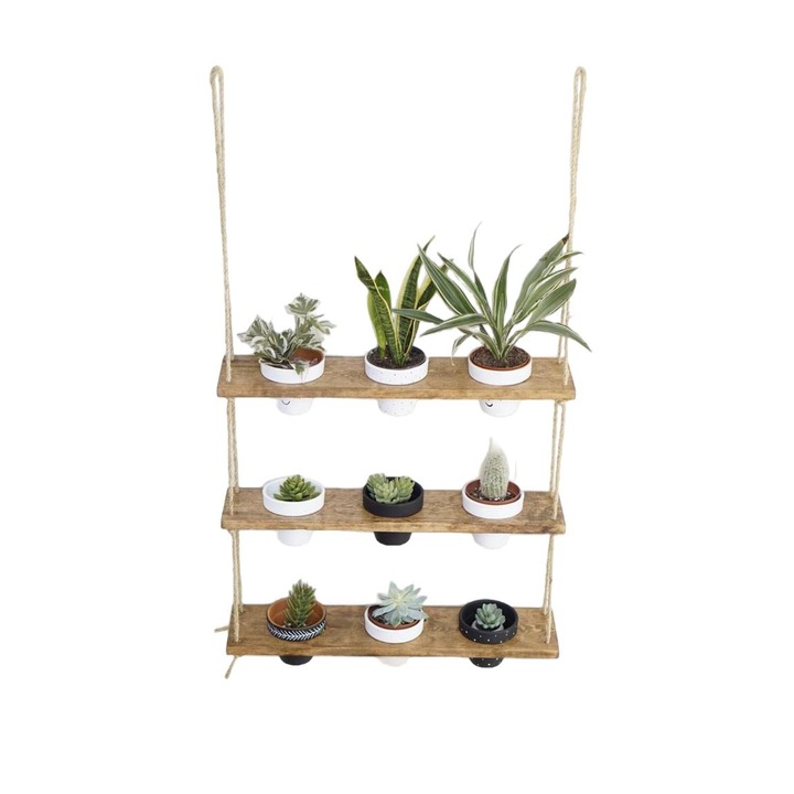 Etajera suspendata pentru ghivece, Asir, Lemn/Textil, 130x60 cm, Maro/Bej