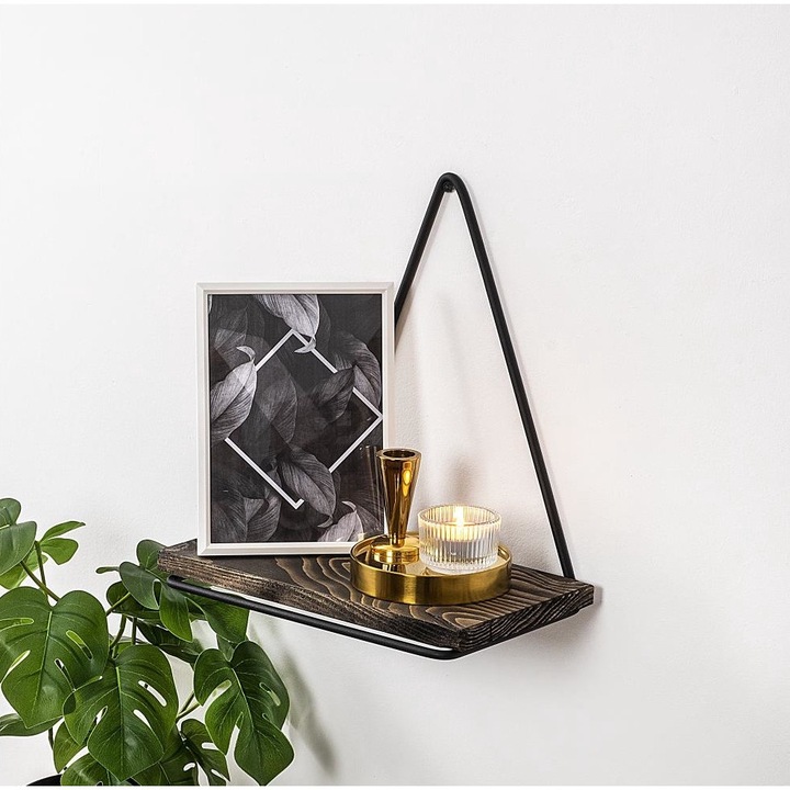 Стенен рафт, Асир, Дърво/Метал, 27x28 см, Кафяв/Черен