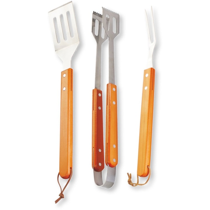 Set 3 ustensile de gratar, FZG 9018, Otel inoxidabil, Gri/Maro