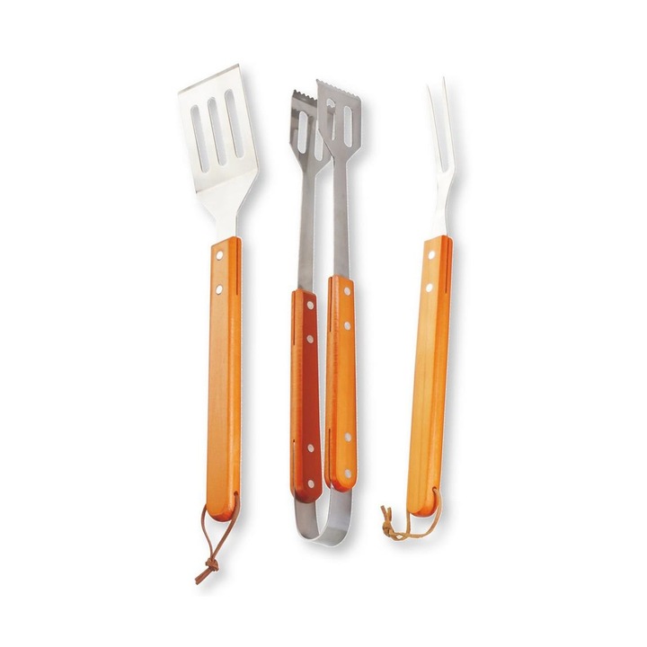 Set 3 ustensile de gratar, Fieldmann, Otel inoxidabil, Gri/Maro,