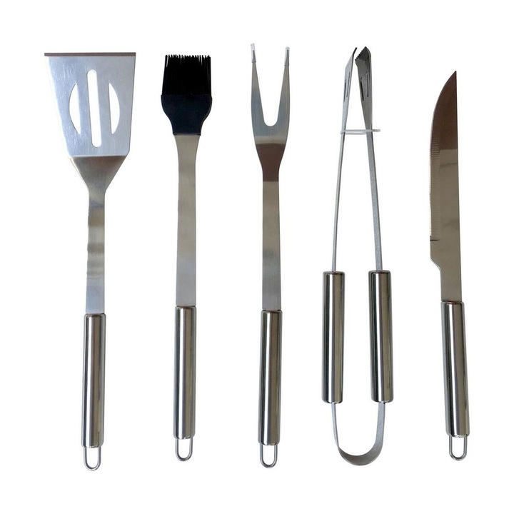 Set 5 ustensile gratar, Fieldmann, Otel inoxidabil, 37.3 cm, Argintiu