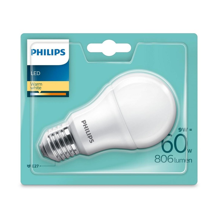 Bec LED, Philips, E27, 9W, 230V, 2700K, Clasa F