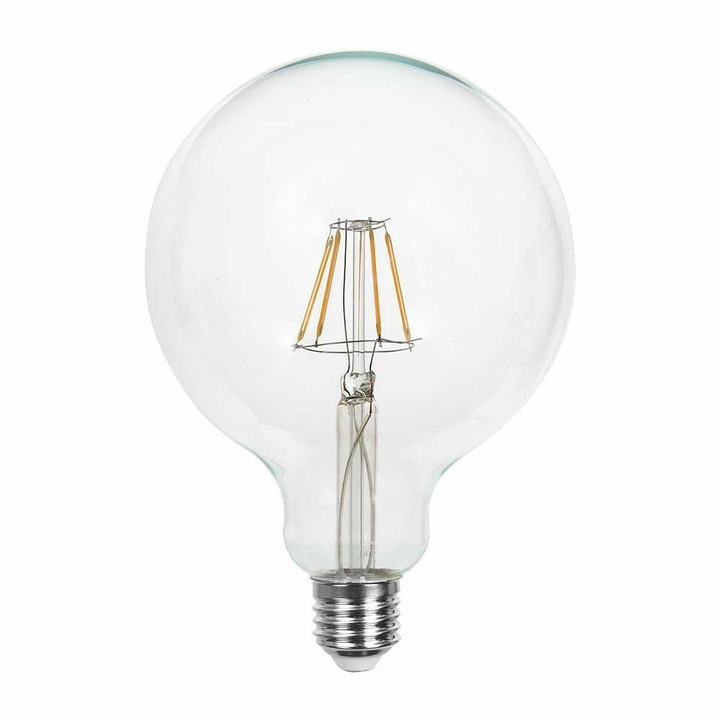 V-TAC 12W E27 természetes fehér filament G125 LED égő, 125 Lm/W - SKU 217454