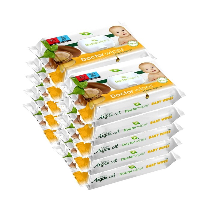 Servetele umede Doctor Wipe's cu ulei de argan, deschidere capac plastic, 10 pachete x 72, 720 buc