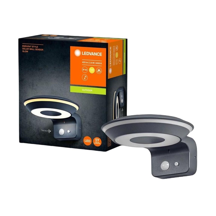 Solar LED lámpa, Ledvance, Érzékelő, 3.6W/3.7V, IP44, Fém/műanyag, 8x17.7cm, szürke