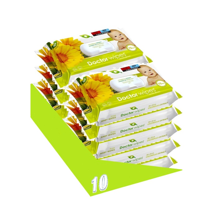 Мокри кърпички Doctor Wipe's с екстракт от невен, отварящ се пластмасов капак, 10 пакета x 72, 720 бр.