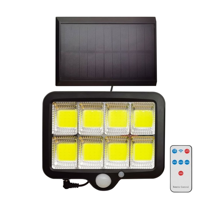 LED проектор, Polux, Соларен, Със сензор, IP44, С дистанционно управление, Черен