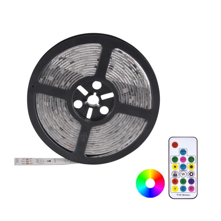 Banda LED RGB dimabila Polux, Plastic, 2 m, 60 LED-uri, alb, set cu telecomanda