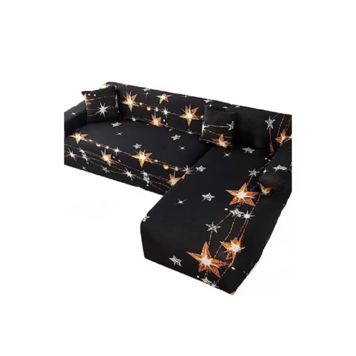 Husa elastica pentru coltar, Jojo Home, imprimeu Stelute Aurii, M L, Negru