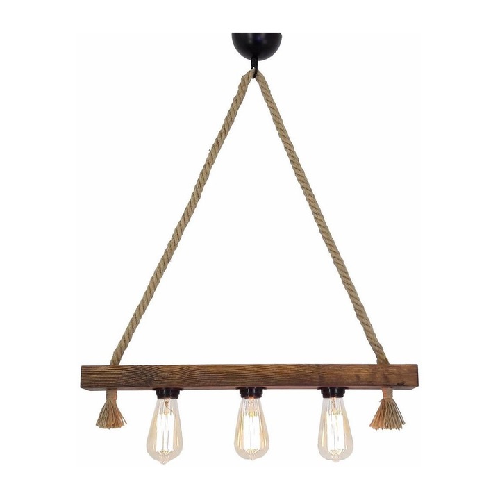 Lustra pe cablu Kutuk, Asir, Soclu 3 x E27, Lemn de pin masiv, Maro/Bej