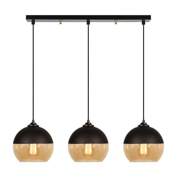 Lustra pe cablu Camini, Asir, Soclu 3 x E27, Metal/Sticla, Negru