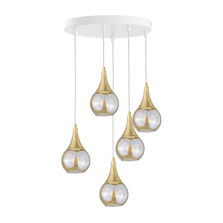 Полилей, Keter Lighting, стъкло/метал, 120 см, 5 x E27, 60W, златист/бял