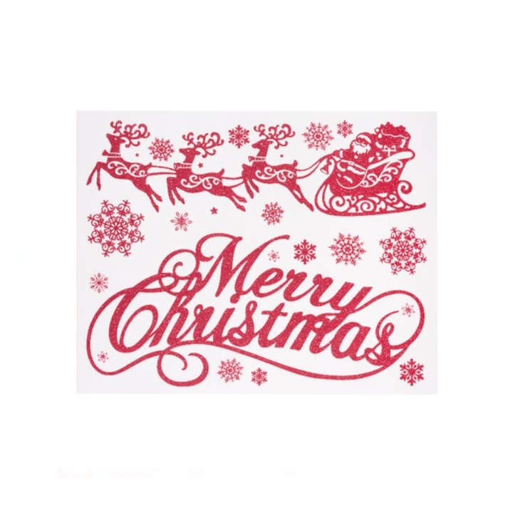 Dekoratív matrica a téli ünnepekre, Merry Christmas üzenettel, mérete 30 x 42 cm, piros