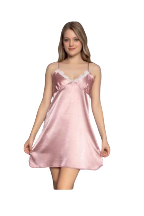 Camasa de noapte, din satin, cu bretele subtiri si aplicatii din dantela, Roz