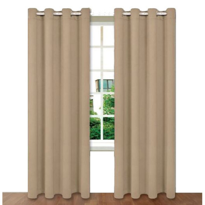 Draperie Blackout bej inchis, cu inele, 100% poliester, model uni, inaltime 260 x latime 140 cm