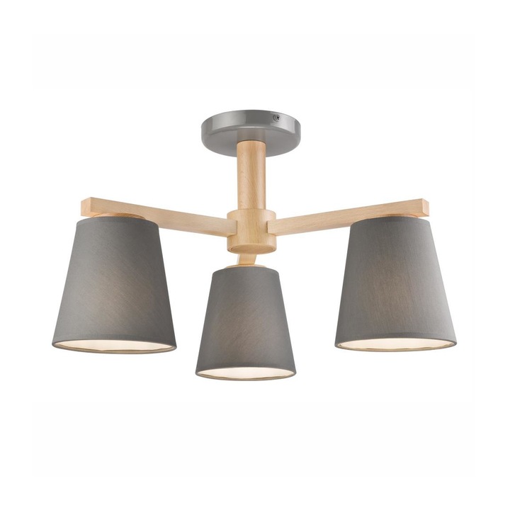 Lustra, Lamkur, Metal/Lemn/Textil, Soclu E27, Inaltime de 32CM, Gri/Maro