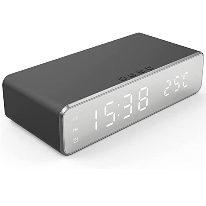 Ceas alarma digital, Incarcare wireless, Temperatura. Compatibil cu IOS, Android, Windows. Negru