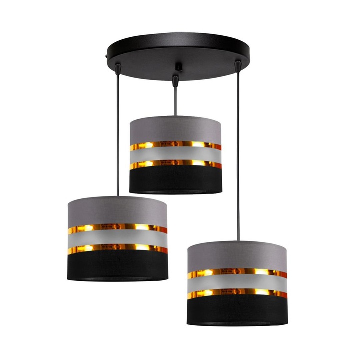 Lustra Coral, Belis, Metal/Plastic/Textil, 3xE27/60W/230V, Negru/Auriu/Gri