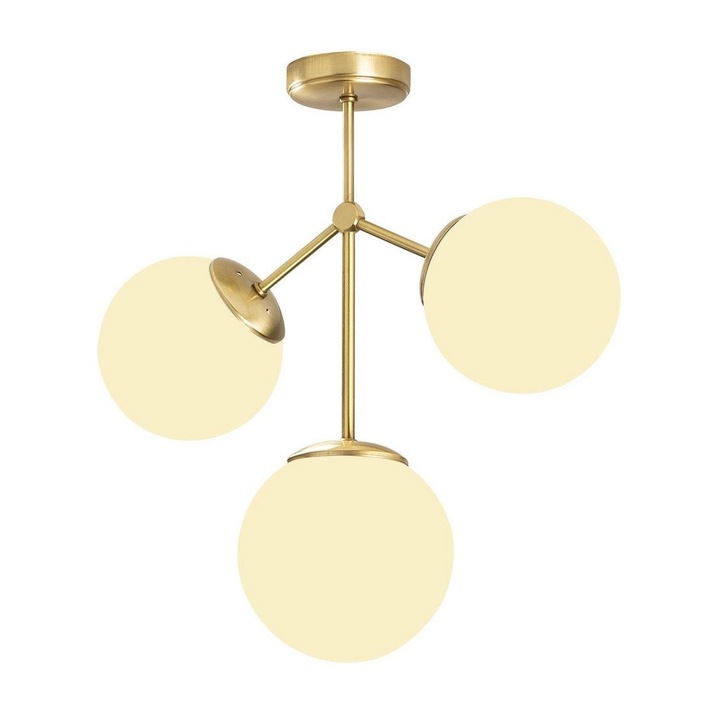 Lustra pe tija Damar, Asir, Soclu 3 x E27, Metal/Sticla, Auriu/Alb