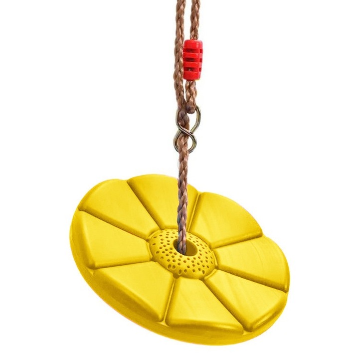 Leagan pentru copii din plastic, Welora®, Rotund, Fara Spatar, Stabil si Usor, Franghie Inclusa, Rezistent 75kg, Calitate Premium, Dimensiuni 27 x 4 cm, Galben