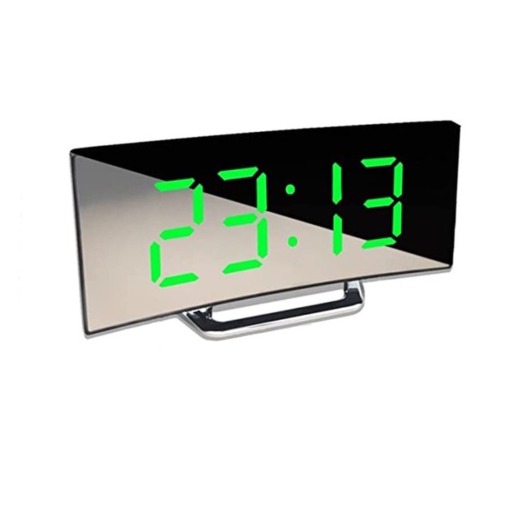 Ceas multifunctional cu LED stil oglinda curbata, Darklove, Cu afisaj LCD mare, mod noapte / zi, Cu alarma si functie snooze, 17 x 7,2 x 3,1 cm, Plastic, Negru/Verde