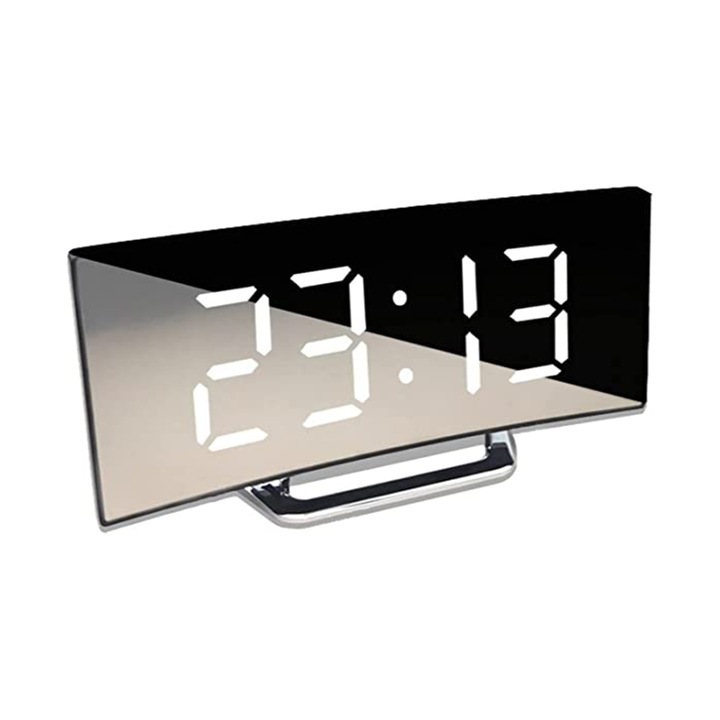 Darklove többfunkciós óra LED hajlított tükör stílusban, Nagy LCD kijelzővel, éjszakai / nappali üzemmóddal, ébresztő és szundi funkcióval, 17 x 7,2 x 3,1 cm, műanyag, fekete/fehér