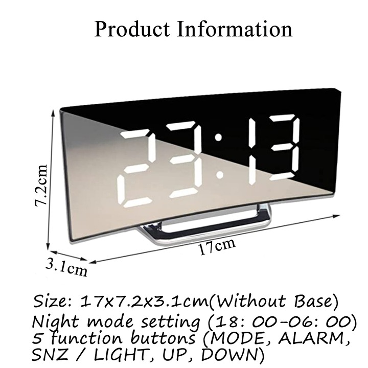 Ceas multifunctional cu LED stil oglinda curbata, Darklove, Cu afisaj LCD mare, mod noapte / zi, Cu alarma si functie snooze, 17 x 7,2 x 3,1 cm, Plastic, Negru/Alb