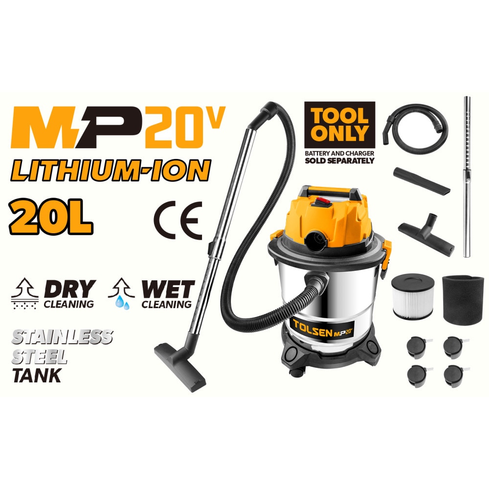 Aspirator multifunctional TOLSEN fara fir MP20V, 20V, 150W, rezervor inox 20L, ≥10Kpa, flux 10L/s, tub telescopic inox 48–78cm, HEPA, antistatic, fara acumulator si incarcator