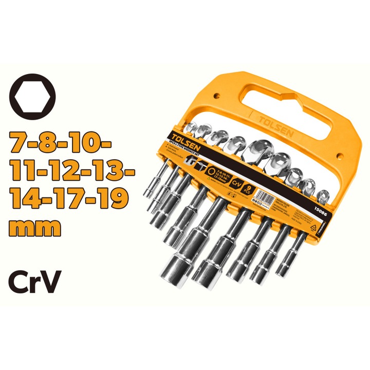 Set chei tubulare tip L TOLSEN, 9 piese, 8-19mm, Cr-V, Forjate din otel special, Finisaj cromat satinat, Ideale pentru aplicatii industriale si mecanice