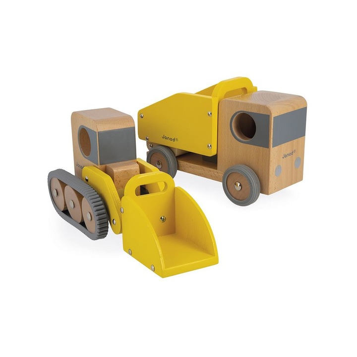 Excavator si autobasculanta din lemn, Janod,Lemn, 2 ani, Galben/Maro