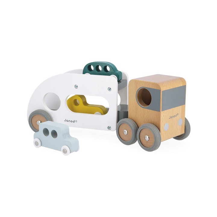 Camion din lemn cu masini, Janod, Lemn, 2 ani, Multicolor