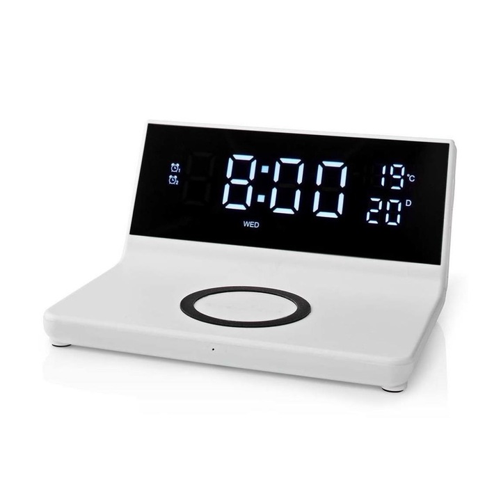 Ceas desteptator cu afisaj LCD si incarcator fara fir Nedis, Alb