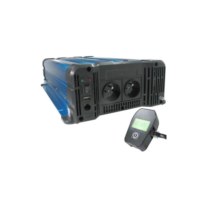 Convertor de tensiune, Hadex, Metal, 4000W/12V/230V, Telecomanda cu fir, Albastru\Gri