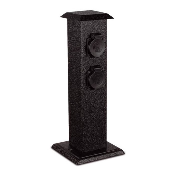 Stalp cu prize pentru exterior, ecoLite, Metal / Plastic, IP44, 40 x 15.5 cm, Negru