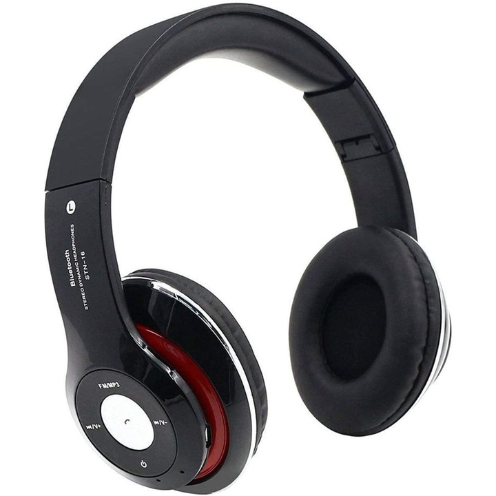 Casti Audio Stereo Over Ear STN-16, Bluetooth/Wireless cu Micron Incorporat, Card TF/Micro SD si Radio, Bass Puternic, Anulare Zgomot, Negru