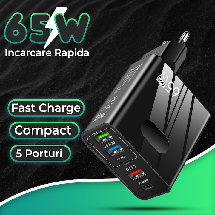 Мрежово зарядно устройство Timebox, 5 порта, 65 W бързо зареждане, 3 x USB, 2 x Type-C, QC 3.0, съвместимо с iPhone, Samsung, Huawei