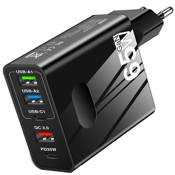 Incarcator Retea Timebox, 5 Porturi, 65W Fast Charge, 3 x USB, 2 x Type-C, QC 3.0, Universal Multiport, Compatibil telefon, smartwatch, iPhone, Huawei, Samsung, Xiaomi, Negru