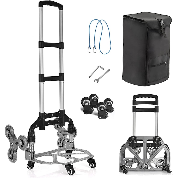 Carucior de mana pentru urcarea scarilor, Hnsmart, Aliaj de aluminiu, Argintiu