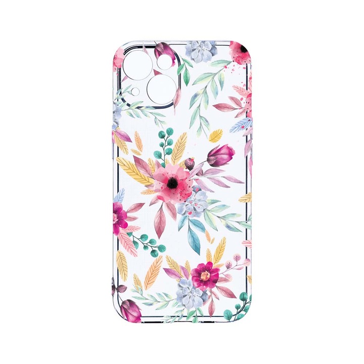 Husa BestCase® Clear Silicon 2MM, Compatibila Cu Apple iPhone 13 Mini, Happy Flowers, Antisoc, Protectie Camera, Margini ridicate pentru protectia ecranului, T 69