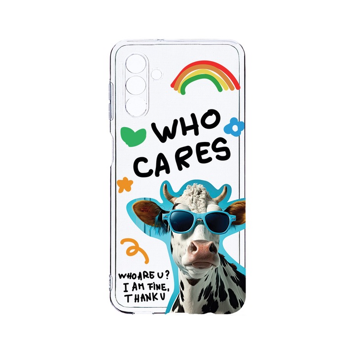 Husa BestCase® Clear Silicon 2MM, Compatibila Cu Samsung Galaxy A14 4G / Galaxy A14 5G, Cool Cow - Who Cares?, Antisoc, Protectie Camera, Margini ridicate pentru protectia ecranului, T 975