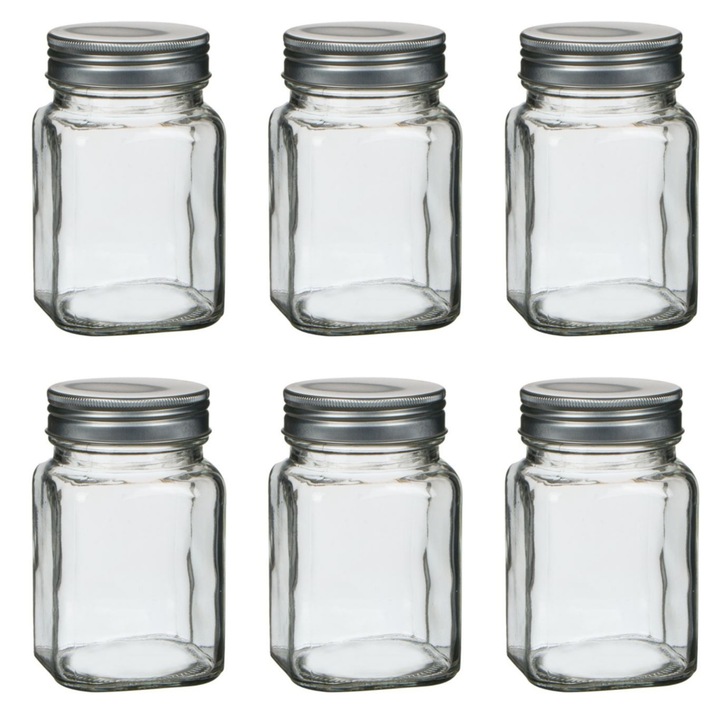 Set 6 borcane cu capac cu filet, aluminiu/sticla, argintiu/transparent, 380ml, 11,5x7cm